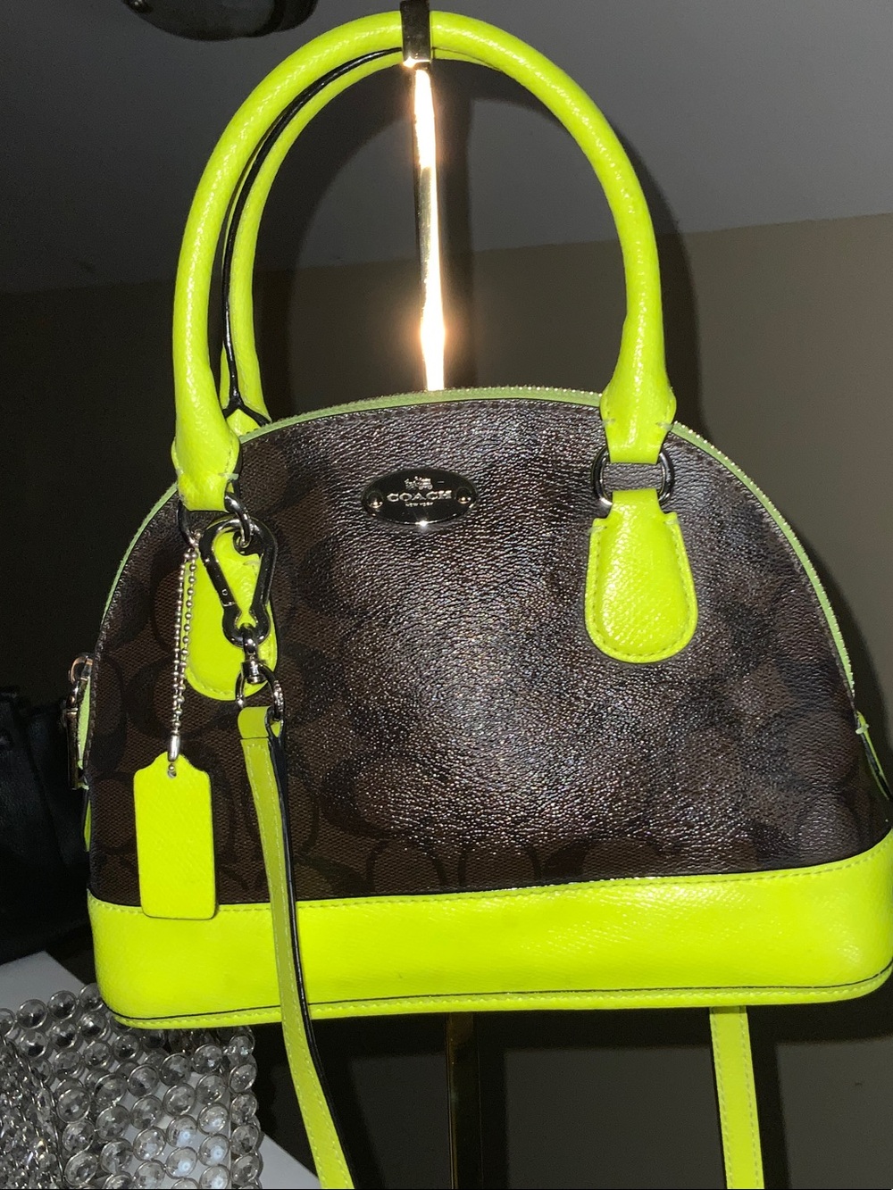 Coach Brown Signature Satchel with Neon Yellow Trim